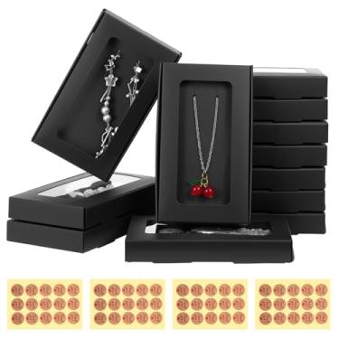 Imagem de Tobeelec 50 caixas de embalagem de joias com adesivos – 13,7 cm x 8,6 cm x 1,8 cm, caixa de presente de colar de papel a granel com janela transparente para exibição de colares, anéis, pulseiras e