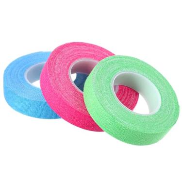 Imagem de Fita de dedal de 3 rolos para costura à mão, protetor de dedo de algodão autoadesivo, fita de dedo respirável ajustável, bandagem de tricô para acolchoamento, artesanato DIY bordado (azul, verde, roxo