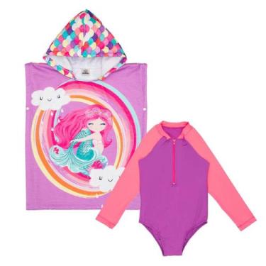 Imagem de Kit Maiô Manga Longa Natação + Poncho Atoalhado Menina Praia - Fofotin