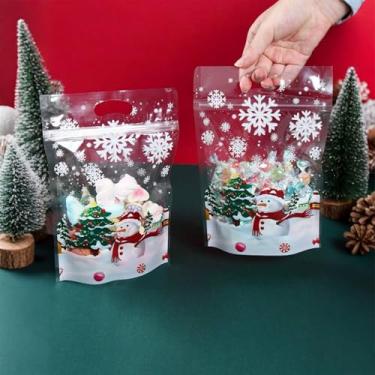 Imagem de 10 sacos plásticos transparentes de Natal com alça - estampas de boneco de neve de floco de neve, material PET durável para presentes de Natal e itens pequenos