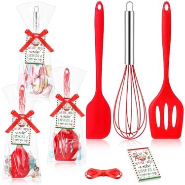 Imagem de Jingmore Conjunto de 3 batedores de Natal, presentes de cozinha com batedores de aço inoxidável, espátulas de silicone, espátulas com fenda, cartões de felicitações, sacos para vizinhos, presente de