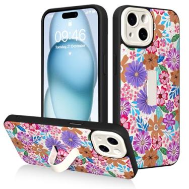 Imagem de AIGOMARA Capa para iPhone 15 com suporte de alça de dedo, estampa floral colorida para mulheres e meninas, capa protetora à prova de choque com suporte de mão antiarranhões, branca