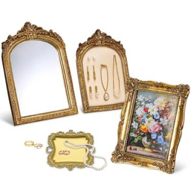 Imagem de AceOrbit Conjunto de 4 peças de decoração vintage elegante, espelho de mesa de maquiagem retrô, organizador de suporte de exibição de joias, moldura dourada antiga, prato de bugiganga para penteadeira