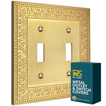 Imagem de Rio Salto Placa de parede de pérola botânica, capa de interruptor de luz de metal dourado, capas de tomada decorativas para interruptor de placa de luz (ouro de latão escovado, 2 interruptores 1 PK)