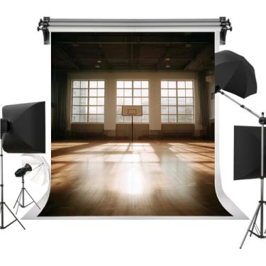 Imagem de Pano de fundo de poliéster para quadra de basquete para fotografia, academia vazia com luz solar através de janelas e aro central, fundo de cena esportiva de piso de madeira 1,5 x 2,1 m