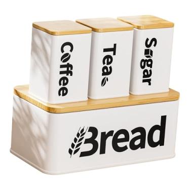 Imagem de IEUDNS Conjunto de 4 peças de recipientes para pão, organizador com tampa de bambu, prático para chá, café, açúcar e outros alimentos, Branco