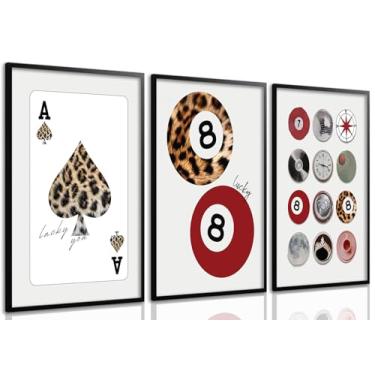 Imagem de Conjunto moderno de arte de parede em tela leopardo com 3 pôquer Funky Lucky 8 Ball Spades Impressões de pôquer para quarto infantil pintura estética guepardo fotos para meninas quarto apartamento