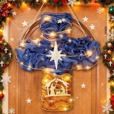 Imagem de Glitinsel Guirlanda cristã de Natal com luzes de LED, guirlanda de presépio de Jesus para janela, parede, mesa, escritório, decoração de casa (cruzado)