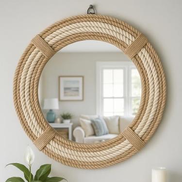 Imagem de Espelho de parede redondo de corda de juta para decoração de casa náutica e costeira Espelho rústico tecido à mão com moldura de corda natural | Espelho decorativo suspenso para banheiro, quarto, sala