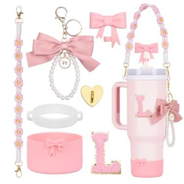 Imagem de Rabrgab Conjunto de acessórios para copo Stanley rosa de 7 peças – topo de palha com laço, pingente de laço fofo, bota de silicone com design de laço, alça de alça de garrafa de água e adesivo de