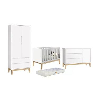 Imagem de Dormitório Classic 2 Portas Cômoda Com Porta Branco Com Pés Madeira Natural E Colchão D18 Reller Móveis Branco