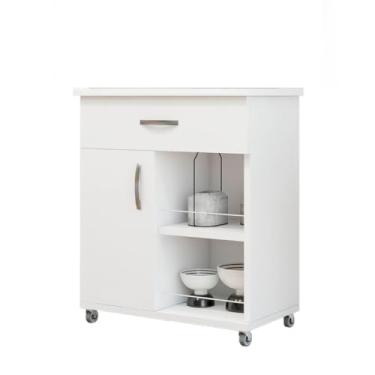 Imagem de Armário Fruteira de Cozinha Multiuso com Gaveta e Suporte para Micro-ondas em MDP com Rodinhas(Branco)