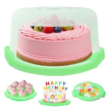 Imagem de Slomg Porta-bolos de plástico verde com tampa e alça, suporte multiuso 4 em 1 para bolo de 25 cm, caixa de armazenamento portátil de sobremesa com capa para torta, pizza, ovos, frutas e lanche