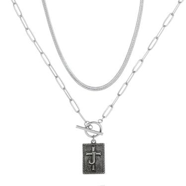 Imagem de MANZHEN Conjunto de colar de cruz com inicial em camadas, corrente de cobra prata com pingente de letra quadrada, gargantilha feminina com fecho de botão, 18 Inches, Metal, Sem Pedra Preciosa