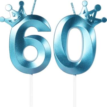 Imagem de Velas de aniversário azuis número 60, topo de bolo feliz de 60 anos, vela com número de coroa 3D, vela de aniversário, 60 meninos e meninas, decorações de aniversário, decoração de topo de bolo azul