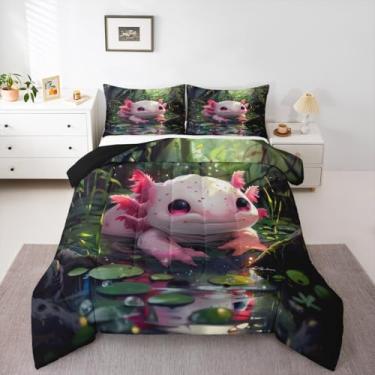 Imagem de Jogo de cama casal fofo com estampa de animais selvagens, flores da selva e plantas, folhas e folhas para crianças, meninos, oceano azul, anfíbio, tritão, decoração de quarto