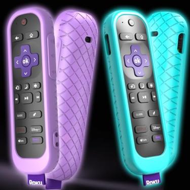 Imagem de Pacote com 2 capas para controle remoto Roku compatível com Hisense e TCL TV Stick, capa de silicone azul roxo