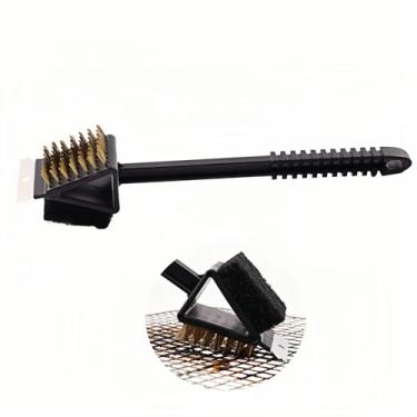 Imagem de Escova de grelha 3 em 1 com raspador e esfregão, escova de latão de cabo longo de 36,8 cm para limpeza de churrasqueira, cerdas de cobre resistentes, à prova de ferrugem, gancho de pendurar, seguro