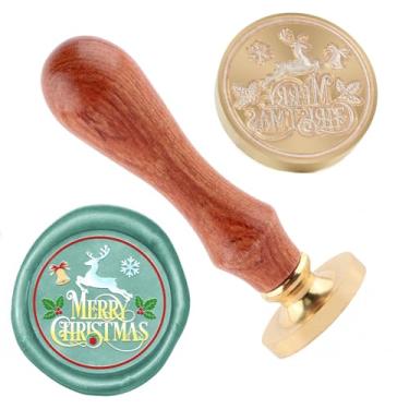 Imagem de Carimbo de lacre de cera de Natal Merry Christma carimbo de latão e uma alça de madeira para cartões de Natal, convites de festa, envelopes de cartas, cartões de felicitações, presentes