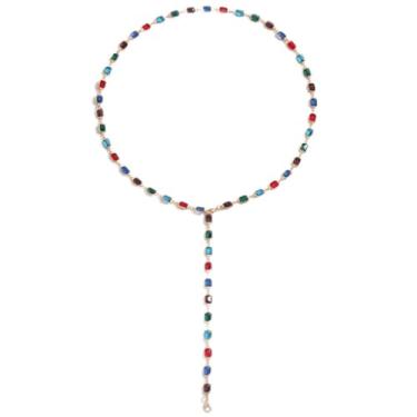 Imagem de Colar em Y de cristal quadrado colorido para mulheres, elegante corrente banhada a ouro, colar longo boho para festa e uso diário