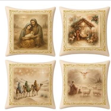 Imagem de Capas Almofada Natal 45x45 Cm Kit Decoração Sala Sofá Cama Presente (Sagrada família)