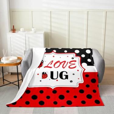 Imagem de Cobertor de lã com estampa de joaninha, 127 x 152 cm, cobertor geométrico, para crianças, animais selvagens, fofo, cobertor de flanela, decoração de quarto, flores vermelhas e pretas, cobertor leve