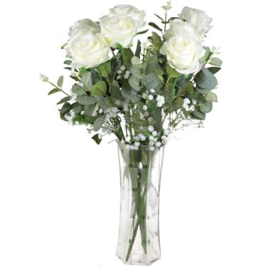 Imagem de 22 peças de flores artificiais mistas de rosas e gipsófila e buquê de hastes artificiais de eucalipto, rosa falsa, flores de rosa, plantas vegetais, para decoração de arte floral e festa de jardim em