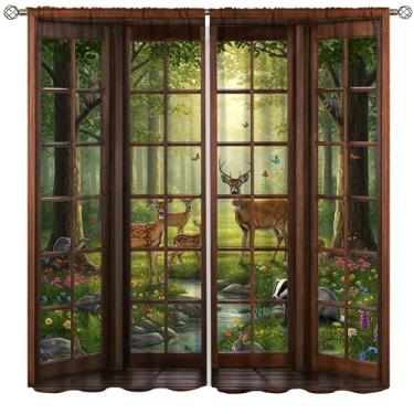 Imagem de DKMQQUL Cortinas de paisagem florestal, floresta verde fantástica vida selvagem veado borboleta janela de madeira impressão tratamento de janela para cozinha, sala de estar, quarto, escritório, 106 x