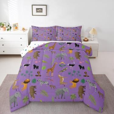 Imagem de Erosebridal Jogo de cama solteiro com estampa de animais da floresta, leão e leopardo, para meninas | Crocodilo, zebra, macaco, elefante, selva e folhas de palmeira, roxo