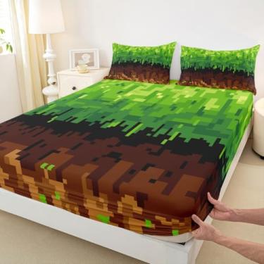 Imagem de Jogo de cama Sandbox Pixelated infantil casal com patchwork, videogame, para meninos e meninas, decoração de quarto simples, marrom e verde, 2 fronhas (não planas)