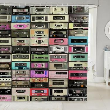 Imagem de Cortina de chuveiro com fita de música retrô, tecido de poliéster, impermeável, rádios vintage, dormitório, decoração de banheira, cassete de áudio, decoração de banheiro, hip hop, cortina suspensa