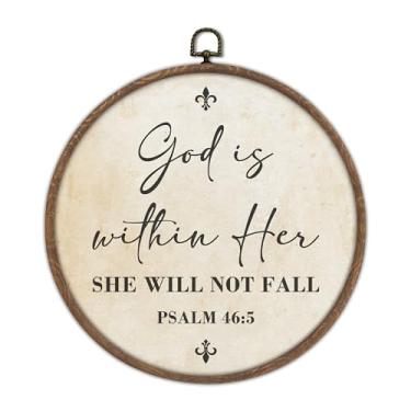 Imagem de Arte de parede God Is Within Her She Will Not Cair, impressão em tela emoldurada redonda, decoração boho cristã, decoração de parede religiosa de Jesus para quarto, escritório, sala de estar, placa de