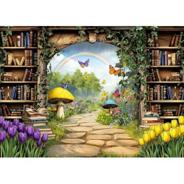 Imagem de DePhoto 2,8 x 1,8 m Encantado Jardim de Fadas Borboleta Floral Livros Biblioteca Cogumelo Fundo para Crianças Aniversário Festas Decorações Vinil