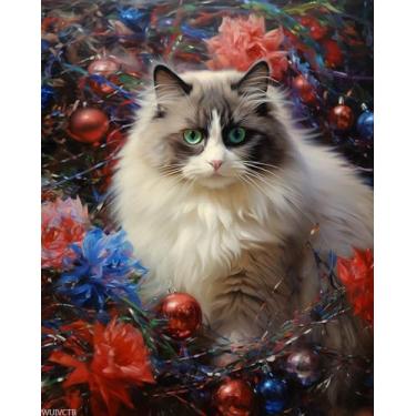 Imagem de WUIVCTR Pintura DIY por números em tela, gato Ragdoll coberto com enfeites de Natal, kit de pintura a óleo em tela DIY para adultos para quarto, escritório, arte, decoração, artesanato, 40 x 50 cm