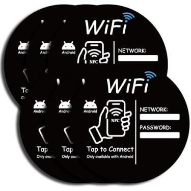 Imagem de Sinal de senha WiFi redondo de 100 mm/3,94 polegadas, adesivo de sinal WiFi com NFC Tap-to-Connect (apenas Android), superfície gravável e apagável, uso interno/externo/doméstico/comercial, 6 peças