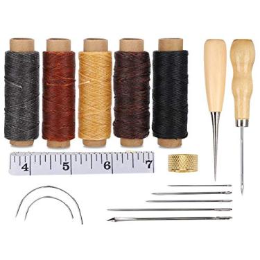 Imagem de Kit de ferramentas de costura manual de couro, acessórios profissionais de costura DIY com agulhas de linha de cera, dedal, fita métrica, furador para tecido de couro, jeans,
