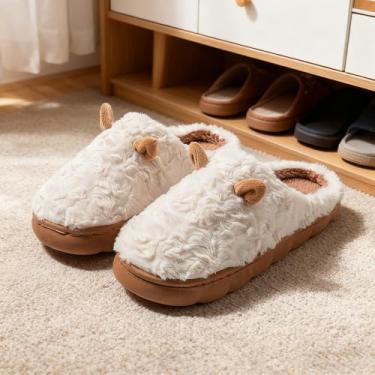 Imagem de Pantufas femininas quentes para mulheres, orelhas fofas, sapatos confortáveis para casa, quarto, ambientes internos, inverno, Branco, 9-10
