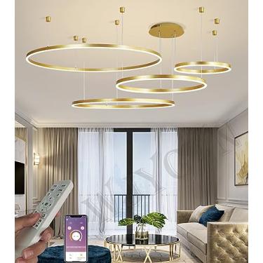 Imagem de Luminária pendente LED dourada para sala de estar, com controle remoto, dimerizável, para quarto e sala de jantar. Possui 4 espiras, diâmetro de 20+40+60+80cm e potência de 108W.