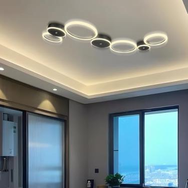 Imagem de Luminária de teto LED moderna para sala de estar, com controle remoto e intensidade regulável, ideal para ambientes internos como quarto, escritório e cozinha (preta, 7 lâmpadas, 135 cm de c