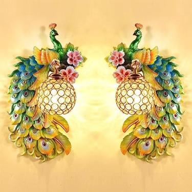 Imagem de Luminária de parede LED American Creative Art Peacock para sala de estar, quarto, escritório, casa de campo, hotel, quarto infantil e corredor (conjunto com 2 peças)