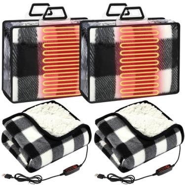 Imagem de Tuanse 2 mantas portáteis aquecidas por USB alimentadas por 5 V, 3 configurações de calor, cobertor elétrico com temporizador e controlador de temperatura 63,5 cm x 89 cm (xadrez preto e branco único)