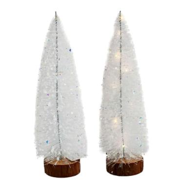 Imagem de Master Christmas - Jogo 2 Mini Pinheiro de Mesa Iluminado 30cm Branco Nevado LED Sequencial e Base Tronco Natural