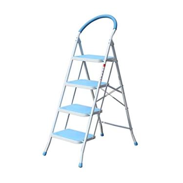 Imagem de Escadas dobráveis escadas de 4 degraus escada de metal doméstica banqueta dobrável com pega e pedal largo não escorregadio, 14,9 m, comporta até 150 kg escada resistente (cor: verde) (azul)