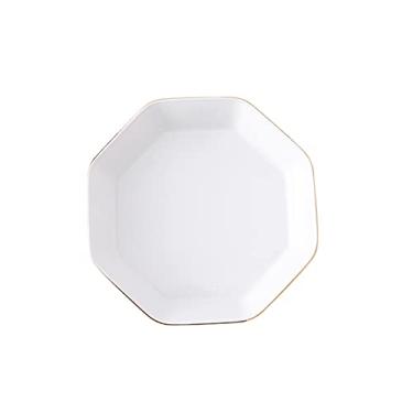 Imagem de Série Polígono de 20 cm Design de Borda Dourada Cerâmica Octogonal Salada/Massa/Fruta/Aperitivo/Pratos de Sobremesa Pratos de Jantar de Natal Pratos de Jantar Dourados e Brancos
