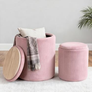 Imagem de CAROLMADE Conjunto de 2 pufes redondos com armazenamento, banquinho estofado com suporte para mesa de centro multifuncional de 136 kg de veludo otomano ou sala de estar quarto (rosa)