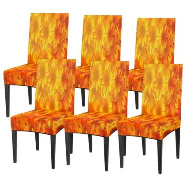 Imagem de Conjunto de 6 capas elásticas para cadeira de sala de jantar, capa protetora de assento de flor, girassol, laranja, sol, removível, lavável, para cozinha, casa, hotel, banquete, festa de casamento