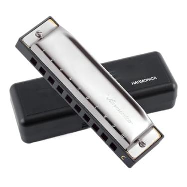 Imagem de Gaita profissional chave de gaita C 10 furos polifonia diatônica harpa com capa para azul (prata)