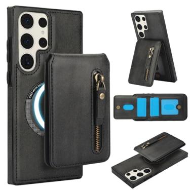 Imagem de Carteira destacável compatível com carregamento sem fio Magsafe para Samsung Galaxy S23 Ultra capa com suporte para cartão, bolso com zíper, suporte 2 em 1 capa à prova de choque (preto)