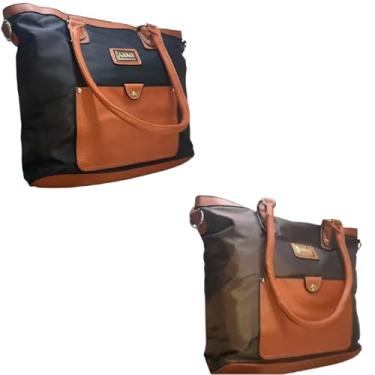 Imagem de DAXXIO Conjunto de Bolsas Femininas 2 em 1, Couro Sintético e Nylon, Preto com Detalhes Caramelo, 40x30x13cm e 33x19x8cm, com Alça Ajustável