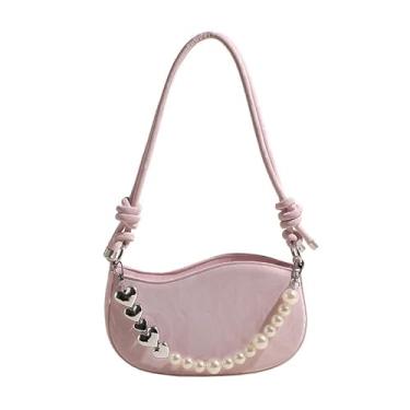 Imagem de Bolsa de ombro com detalhes de pérola, bolsa quadrada nas axilas com alça ajustável, transversal feminina elegante, rosa, Morden